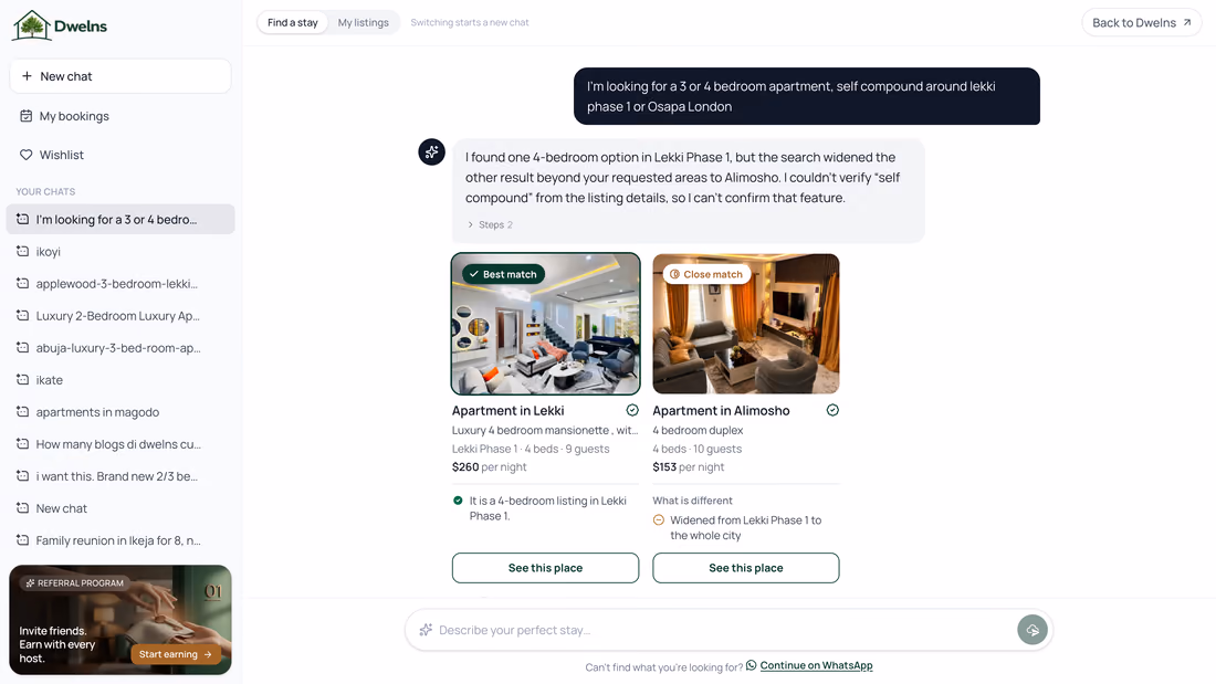 An Ask Dwelns chat: a guest asks for a 3 or 4-bedroom self-compound apartment around Lekki Phase 1 or Osapa London, and Ask Dwelns replies with a best-match and a close-match listing, explaining why each one does or doesn't fully fit