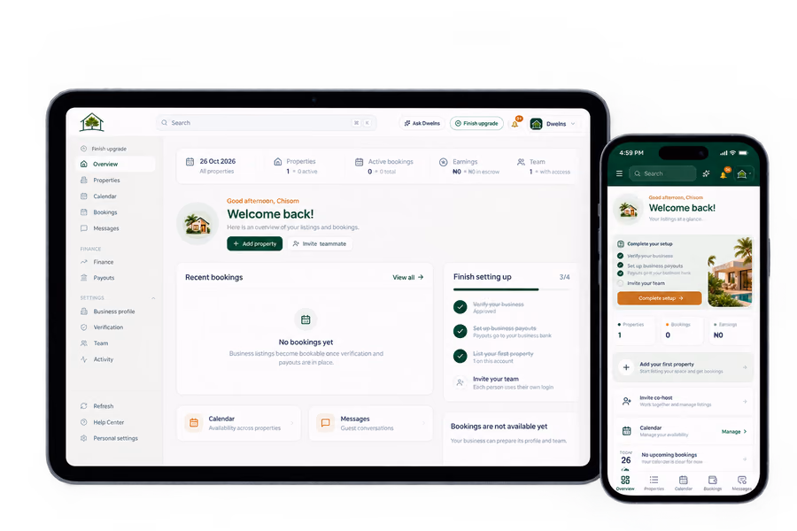 The Dwelns Business dashboard on tablet and phone: properties, bookings and earnings at a glance, a setup checklist, and quick links to calendar, messages and team