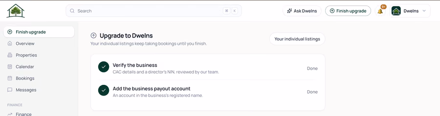 The Dwelns Business upgrade checklist showing business verification and the business payout account both marked done
