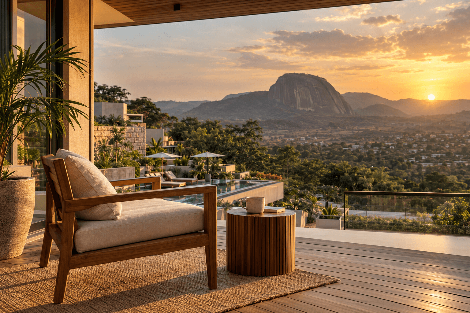 Dwelns _ A cozy balcony in a luxurious Abuja Shortlets with the view of Zuma rock in the short distance