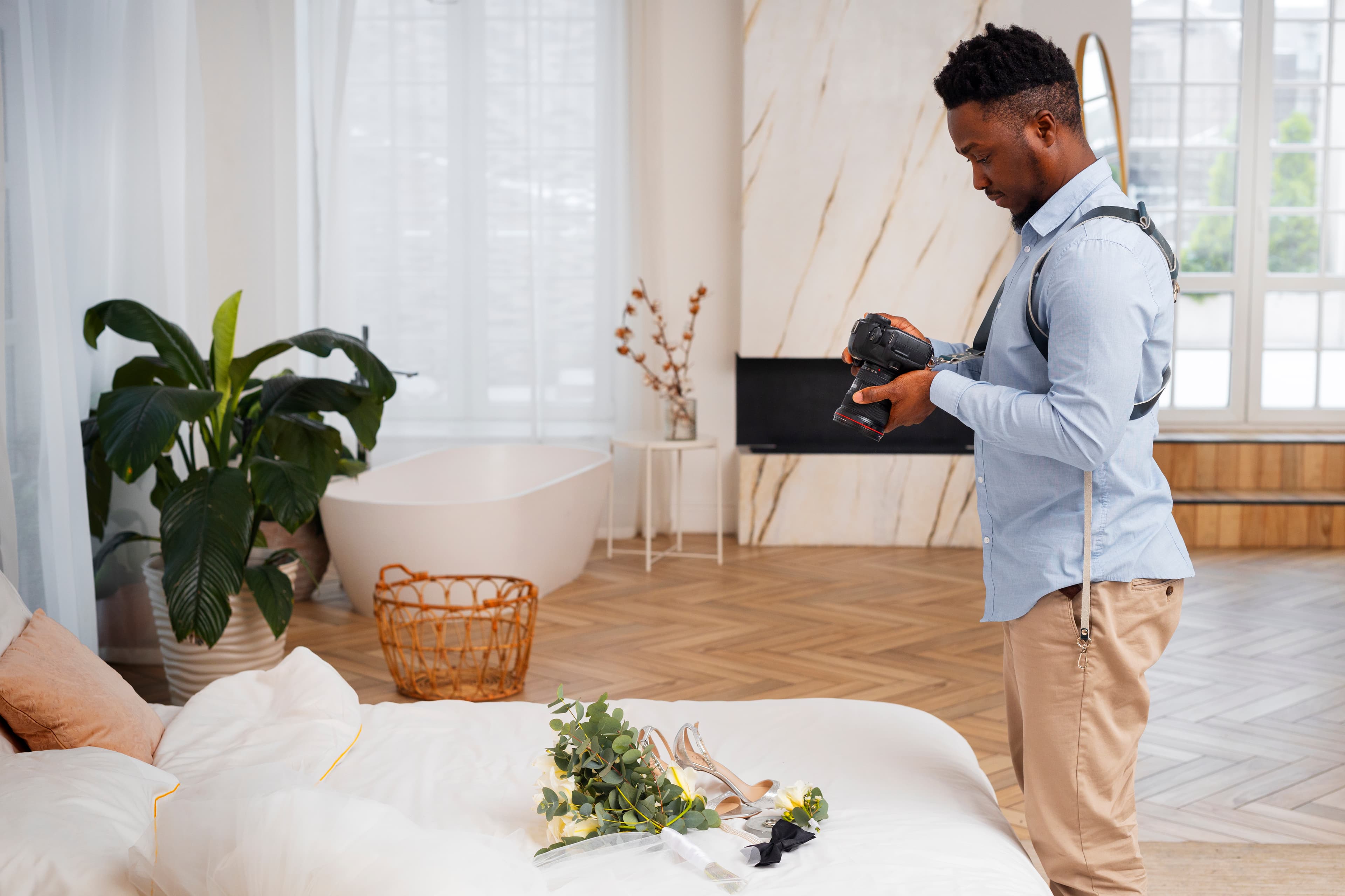 Photographer setting up a brand shoot in a bright furnished apartment living room in Lagos