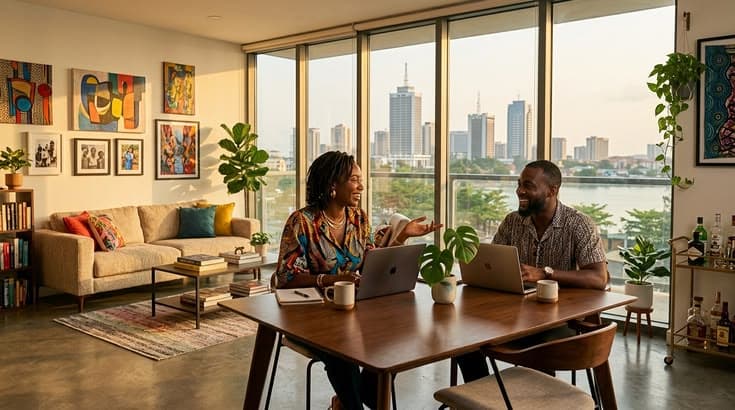 Business traveller working on a laptop in a verified shortlet apartment in Lagos
