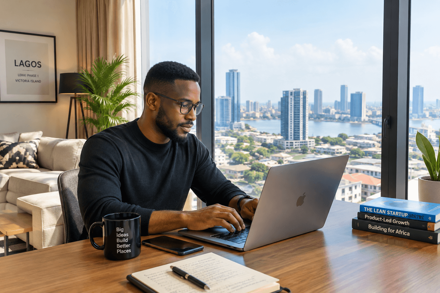 Tech founder working from a verified shortlet apartment in Lekki Phase 1, Lagos